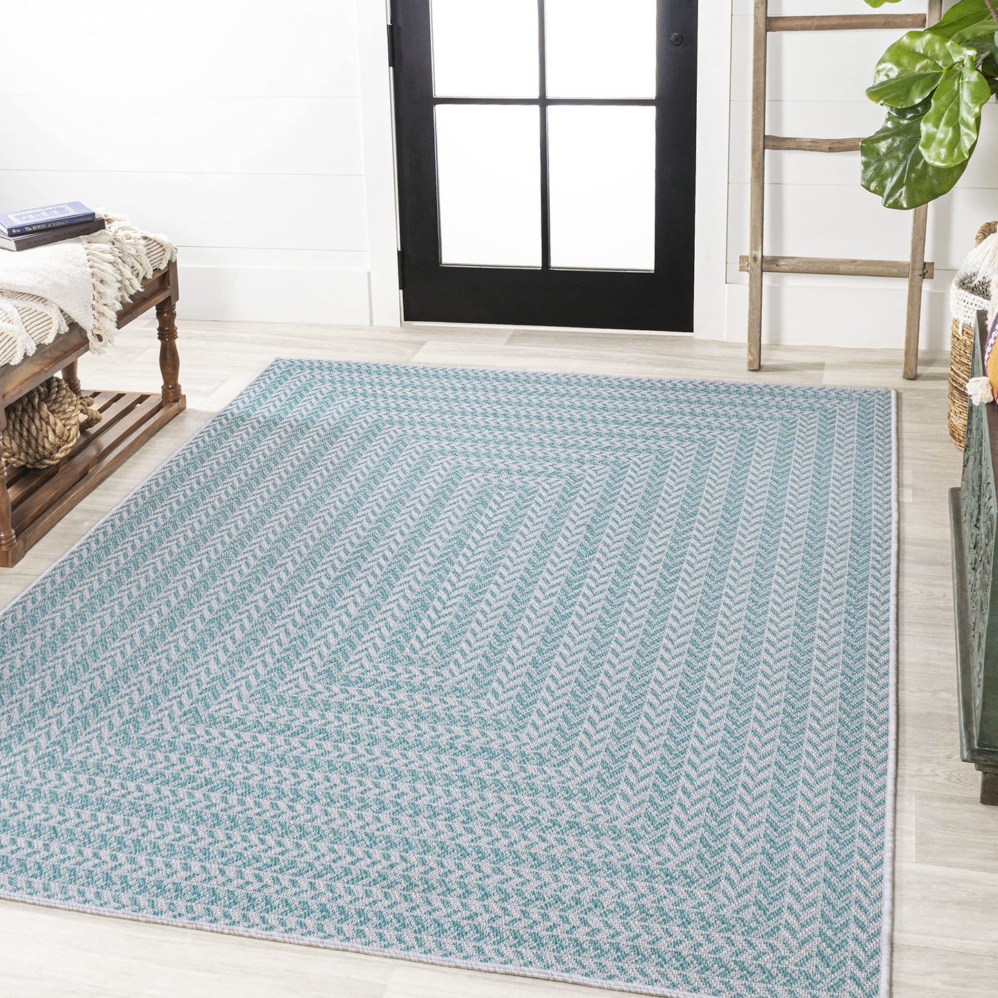 JONATHAN Y Concentric Squares Indoor Outdoor Area Rug 8X10 Aqua/Light Gray, Chevron Modern for Backyard, Patio, Porch, Easy-Cleaning, High Traffic, Pet-Friendly, Non-Shedding (SMB206A-8)