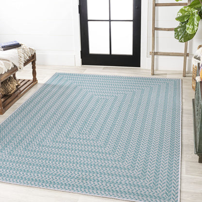 JONATHAN Y Concentric Squares Indoor Outdoor Area Rug 8X10 Aqua/Light Gray, Chevron Modern for Backyard, Patio, Porch, Easy-Cleaning, High Traffic, Pet-Friendly, Non-Shedding (SMB206A-8)