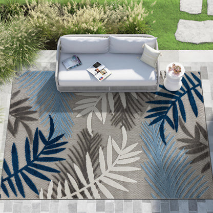 Rugshop Indoor/Outdoor Palm Leaf Area Rug, Non-Shedding Easy-Care Design for Backyard, Deck and Outdoor Lounge, Blue, 7'10" x 10'