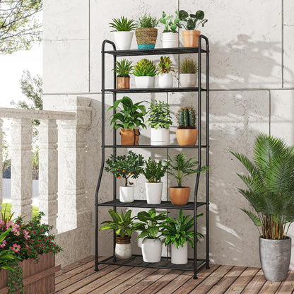 Simple Trending Plant Stand 5-Tier Plant Shelf for Indoor Outdoor, Waterproof Metal Tall Plant Stand for Living Room Bathroom Balcony Garden, Black