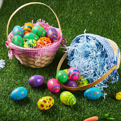 JOYIN 4 Pcs Easter Bamboo Baskets Gift Woven Baskets with Handles and 4 Colors Grass Paper Shreds, Candy Wicker Candy Toys Storage Bucket for Easter Egg Hunt, Kids Party Supplies(9" X 8")