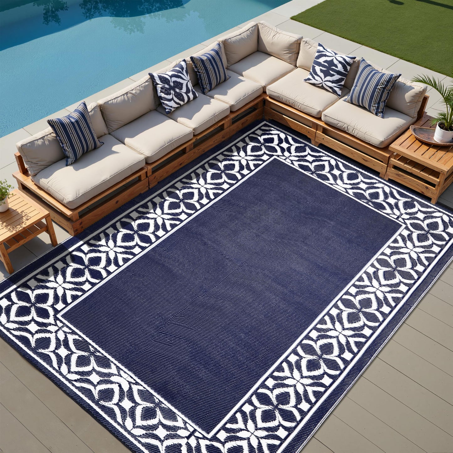PureCozy Outdoor Plastic Straw Rug Navy Blue Large Outside Waterproof Outdoor Patio 10x14 Carpet Geometric Reversible Mat Modern for Camping RV Porch Deck Balcony Beach