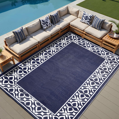PureCozy Outdoor Plastic Straw Rug Navy Blue Large Outside Waterproof Outdoor Patio 10x14 Carpet Geometric Reversible Mat Modern for Camping RV Porch Deck Balcony Beach