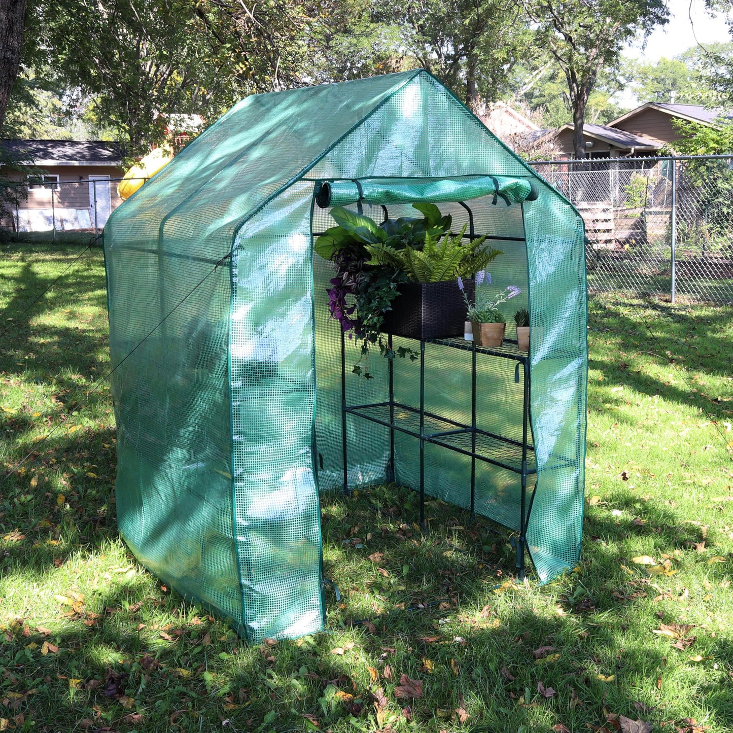 Sunnydaze Portable Outdoor Grandeur Walk-in Greenhouse with 4 Steel Wire Shelves and Roll-Up Door - Green