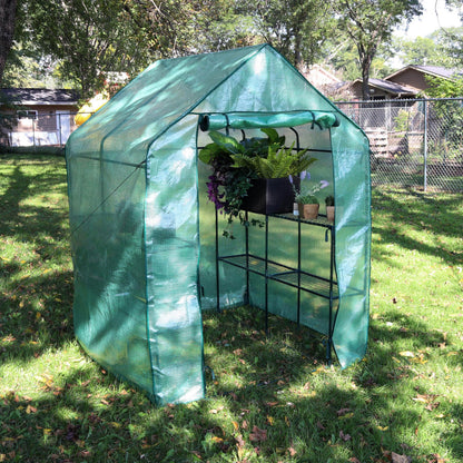 Sunnydaze Portable Outdoor Grandeur Walk-in Greenhouse with 4 Steel Wire Shelves and Roll-Up Door - Green