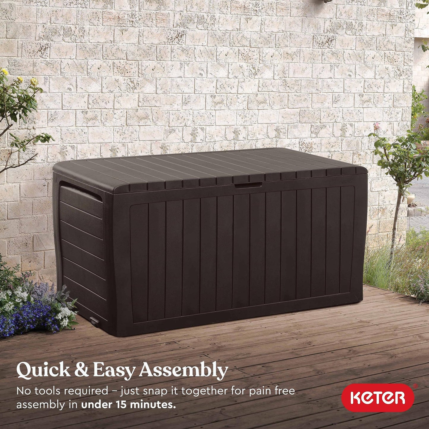 Keter Marvel Plus 71 Gallon Resin Outdoor Storage Box for Patio Furniture Cushions, Throw Pillows, Garden Tools and Pool Floats, Brown