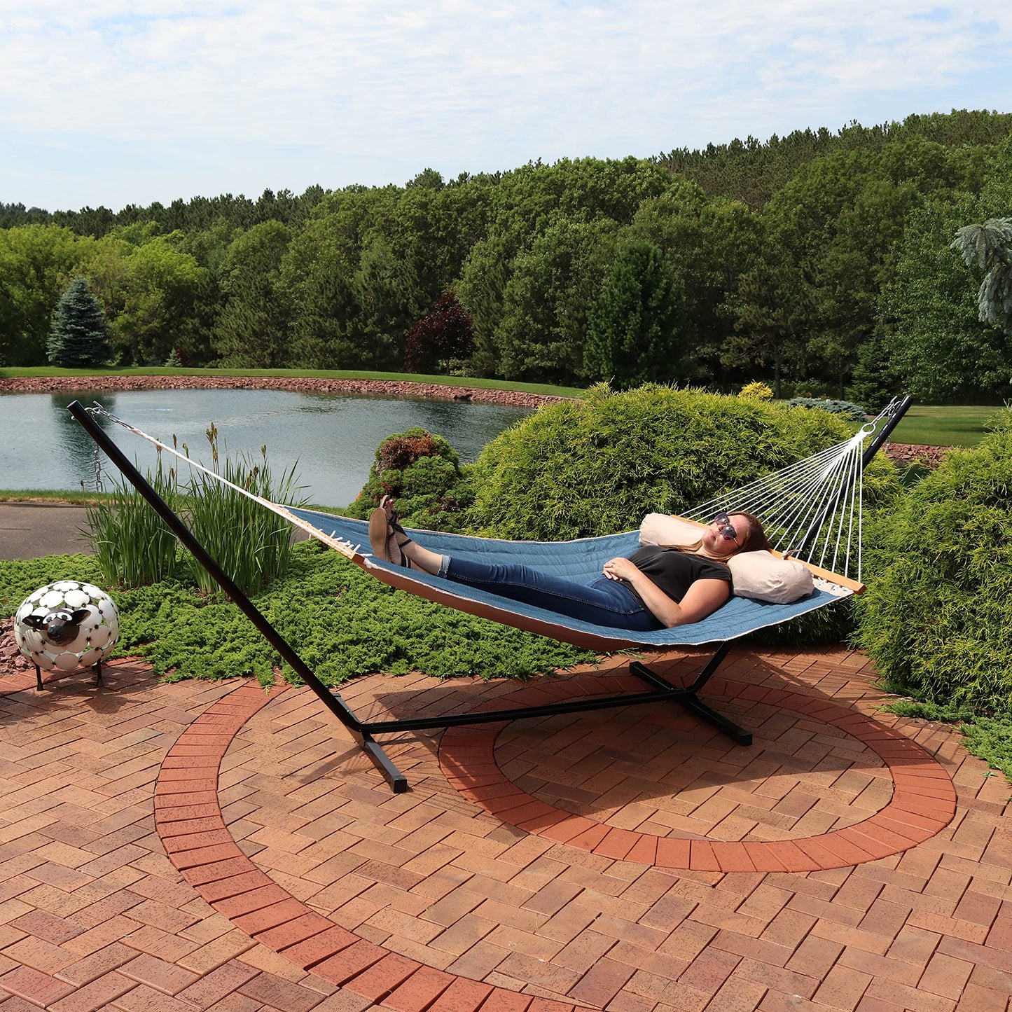 Sunnydaze Double Quilted Polyester Hammock with Detachable Pillow - 440-Pound Capacity - Tidal Wave