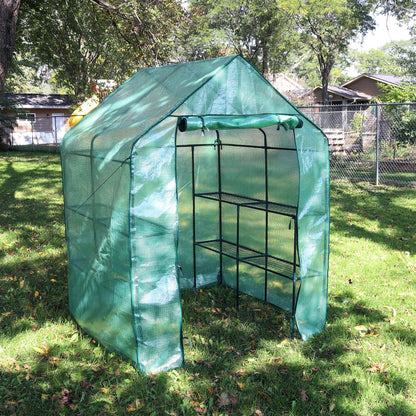 Sunnydaze Portable Outdoor Grandeur Walk-in Greenhouse with 4 Steel Wire Shelves and Roll-Up Door - Green