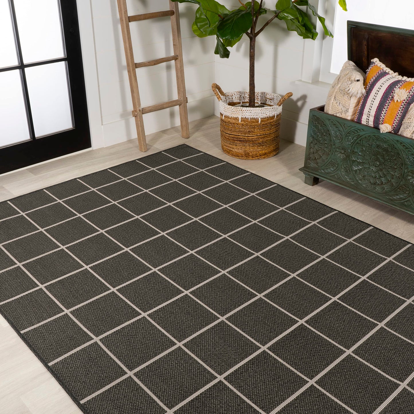 JONATHAN Y Grid Squares Indoor Outdoor Area Rug 8X10 Black/Cream, Modern for Backyard, Patio, Porch, Easy-Cleaning, High Traffic, Pet-Friendly, Non-Shedding (SMB200B-8)