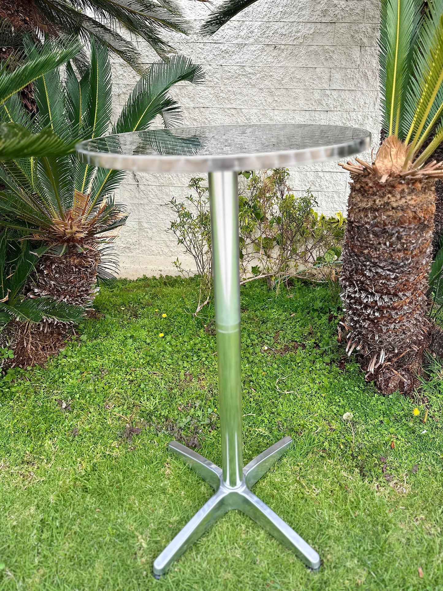 BTEXPERT Set of 2, Aluminum Indoor Outdoor 23.75" Round Restaurant Bar Height 44" Table fix top, Patio Stainless Steel Silver Furniture 25.75" Base
