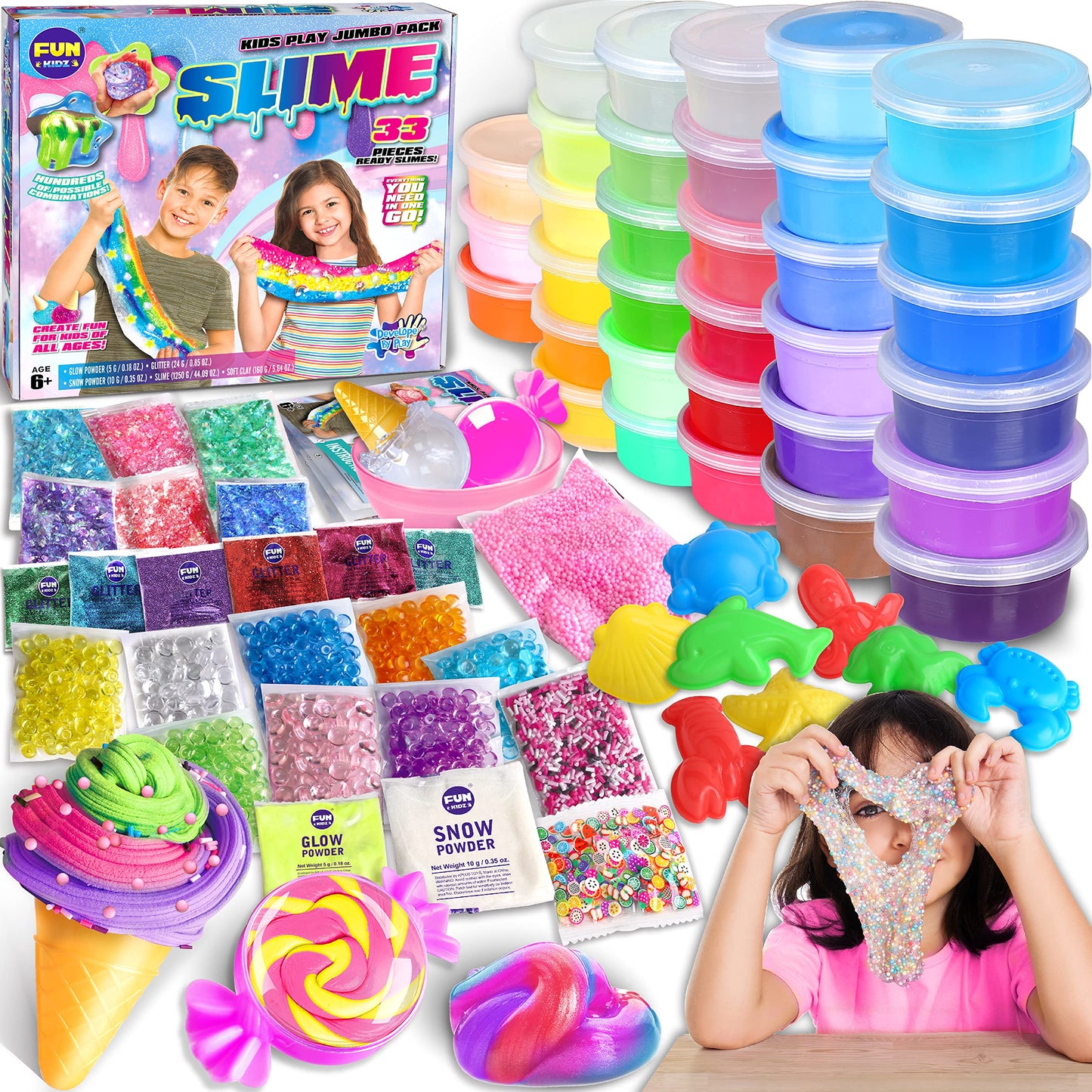 33 Cups Jumbo Slime Kit for Kids, FunKidz Premade Ultimate Slime Pack to DIY Soft, Cloud, Clear, Butter, Glitter, Glow in Dark Slime Making Kit Party Favors Gift Toys for Girls and Boys