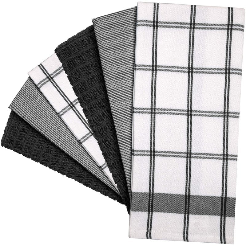 Premium Kitchen Towels (20”x 28”, 6 Pack) | Large Cotton Dish Towels | Flat & Terry Highly Absorbent Kitchen Linen Set with Hanging Loop | Black Check