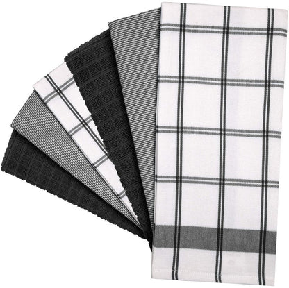 Premium Kitchen Towels (20”x 28”, 6 Pack) | Large Cotton Dish Towels | Flat & Terry Highly Absorbent Kitchen Linen Set with Hanging Loop | Black Check