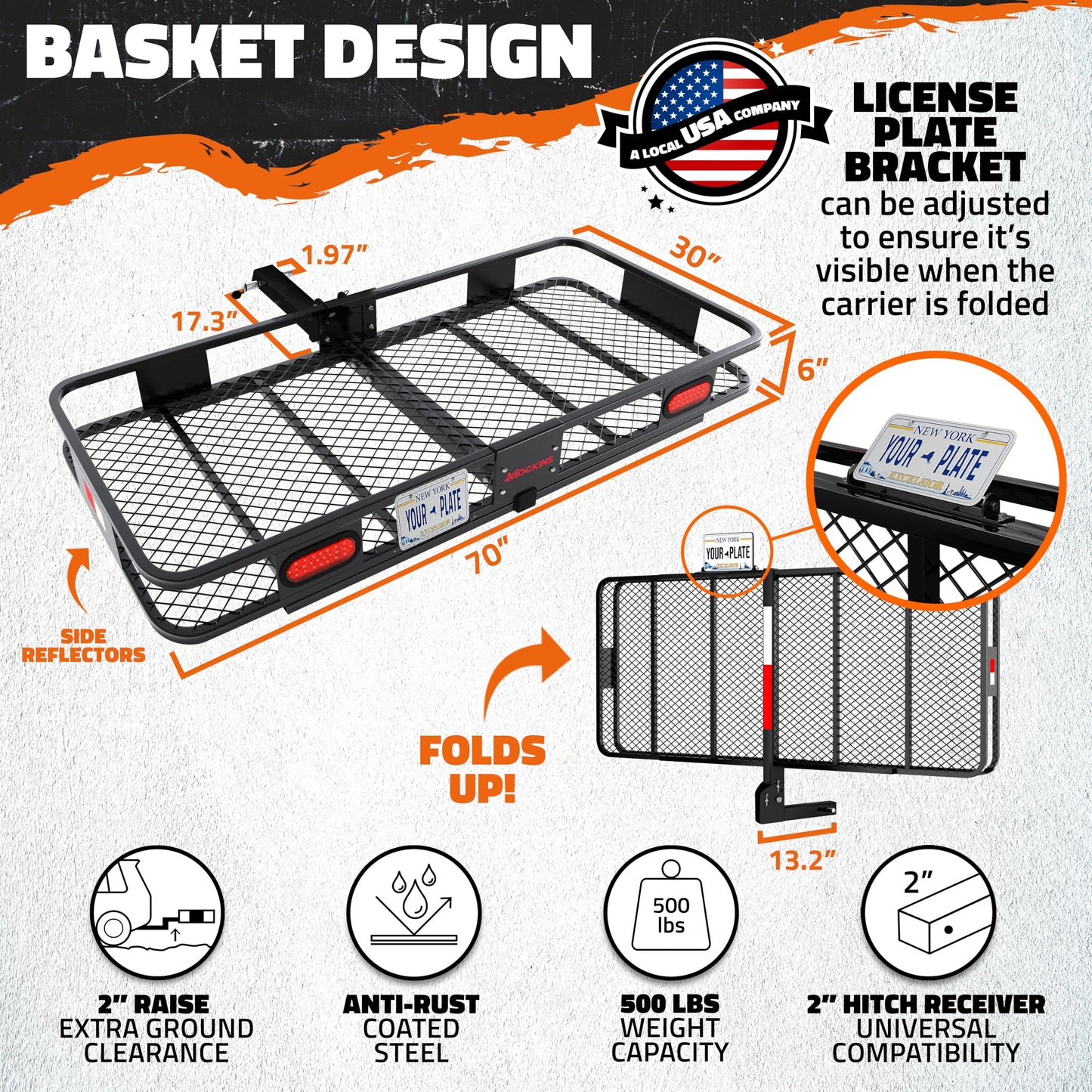 Mockins 70"x30"x6" XXL Folding Trailer Hitch Cargo Carrier w/Rear Lights, Plate Bracket & 40 CuFt Waterproof Cargo Bag for Hitch Carrier | 500 Lbs Cap Luggage Rack for SUV Car & Truck w/Accessories