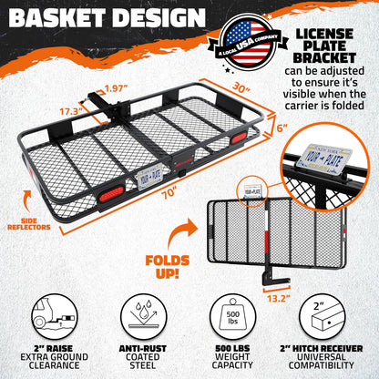 Mockins 70"x30"x6" XXL Folding Trailer Hitch Cargo Carrier w/Rear Lights, Plate Bracket & 40 CuFt Waterproof Cargo Bag for Hitch Carrier | 500 Lbs Cap Luggage Rack for SUV Car & Truck w/Accessories