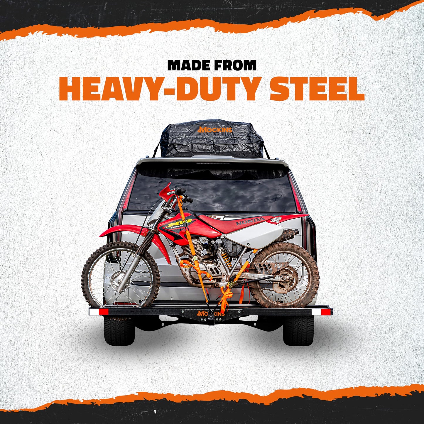 Mockins 500 lbs Capacity Anti-Tilt Motorcycle Hitch Carrier w/Loading Ramp | 73" Heavy Duty Steel Fat Tire eBike Rack & Dirt Bike Rack for Car Hitch 2" Receivers | Weatherproof Motorcycle Carrier Set