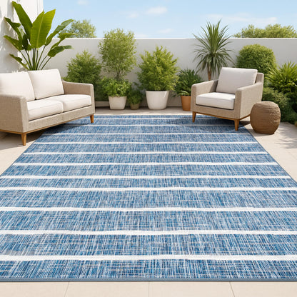 JONATHAN Y Berber Stripe Indoor Outdoor Area Rug 8X10 Blue/Ivory, Colonia for Backyard, Patio, Porch, Easy-Cleaning, High Traffic, Pet-Friendly, Non-Shedding (SMB125C-8)