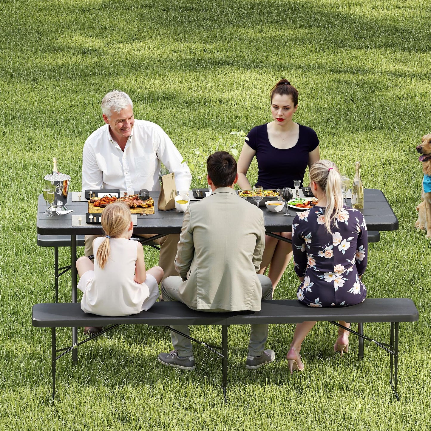 Real Relax 6' Picnic Table with 2 Benches, 3 Piece Black Wood Grain Portable HDPE Folding Camping Table and Benches for Courtyard, Garden, Outdoor Leisure, Party
