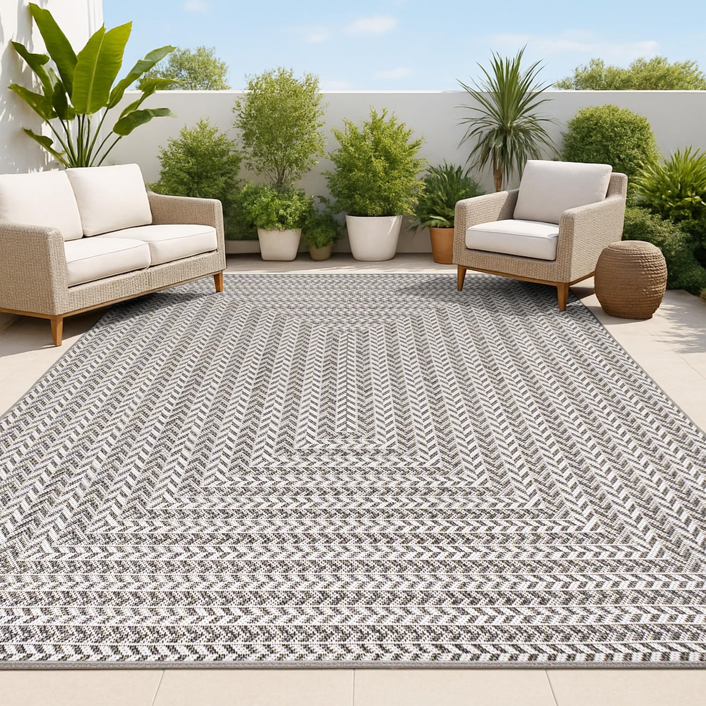 JONATHAN Y Concentric Squares Indoor Outdoor Area Rug 8X10 Black/Light Gray, Chevron Modern for Backyard, Patio, Porch, Easy-Cleaning, High Traffic, Pet-Friendly, Non-Shedding (SMB206B-8)