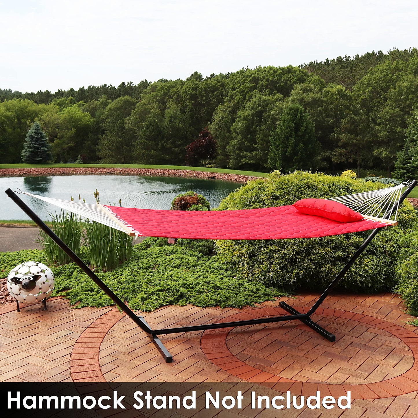 Sunnydaze Double Quilted Polyester Hammock with Detachable Pillow - 440-Pound Capacity - Red