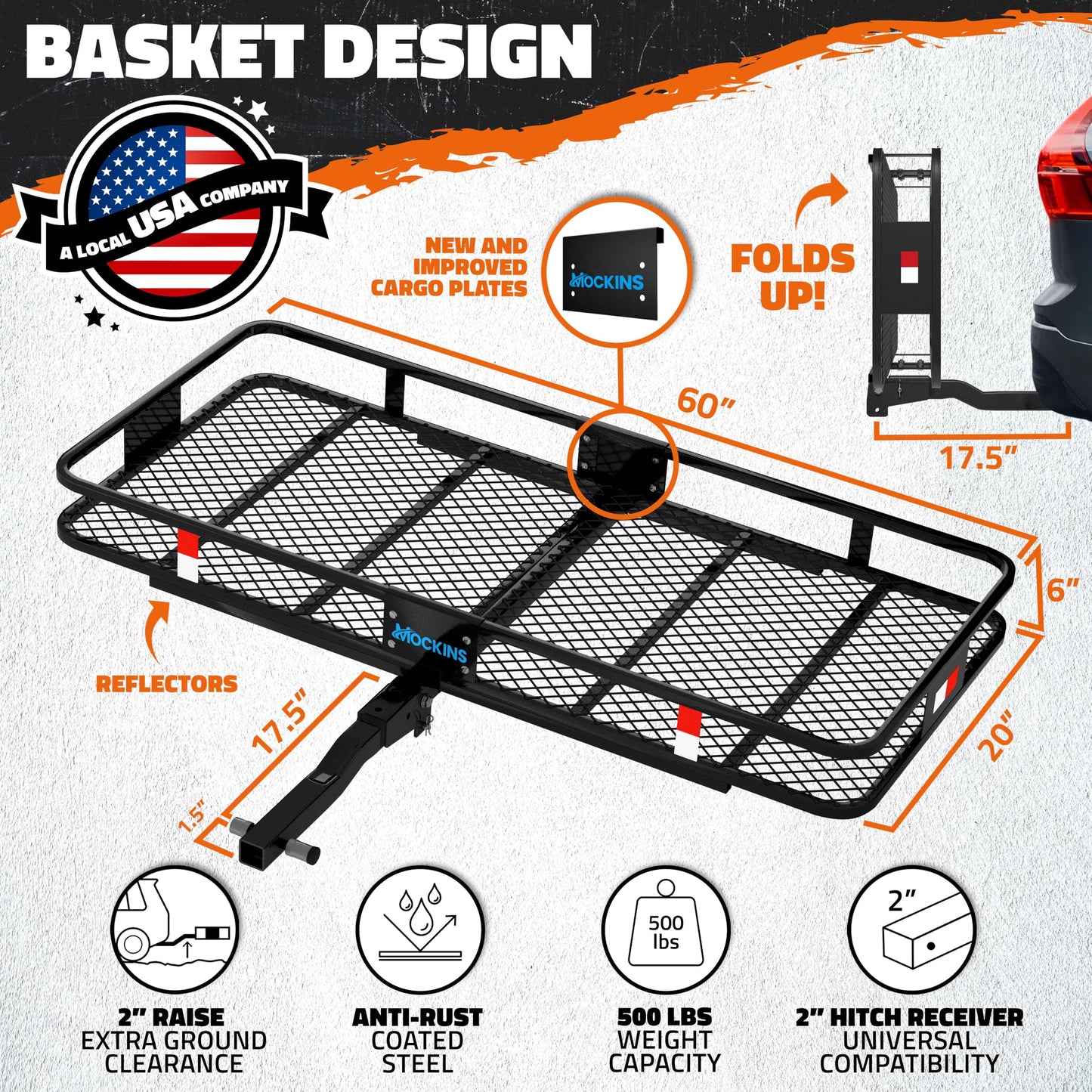 Mockins 60"x20"x6" Heavy Duty Trailer Hitch Cargo Carrier w/ 16 Cu Ft Waterproof Cargo Bag & 4 Packing Cubes | 500 Lbs. Capacity Folding Luggage Rack for SUV Car Truck & RV w/Hitch Basket Accessories
