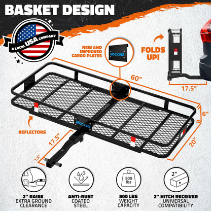 Mockins 60"x20"x6" Heavy Duty Trailer Hitch Cargo Carrier w/ 16 Cu Ft Waterproof Cargo Bag & 4 Packing Cubes | 500 Lbs. Capacity Folding Luggage Rack for SUV Car Truck & RV w/Hitch Basket Accessories