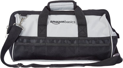 Amazon Basics Durable Wear-Resistant Tool Storage Bag with Adjustable Shoulder Strap,Portable Tool Organizer,16 in,Black & Grey,(Pack of 8)