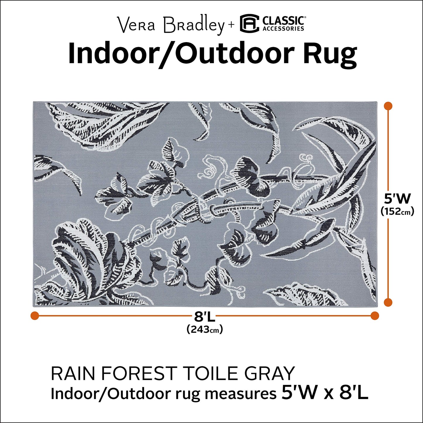 Classic Accessories for Vera Bradley Indoor/Outdoor Rug, 5 x 8 Foot, Rain Forest Toile Gray
