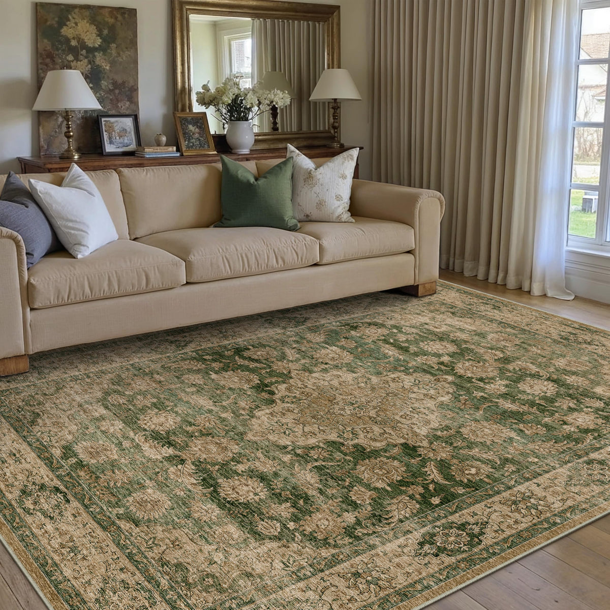 HUGEAR Retro Green Area Rug 5x7 Machine Washable Living Room Rugs Distressed Vintage Floral Low Pile Carpet Bedroom Office Dining Room Laundry Room Non Slip Soft Lightweight