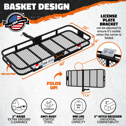 Mockins Folding Luggage Rack for SUV Car Truck ATV & More | 500 lb. Capacity Steel Trailer Hitch Cargo Carrier 60"x20"x6" w/ 16 Cu Ft Waterproof Cargo Bag for Hitch Carrier & Cargo Trailer Accessories