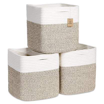 NaturalCozy Storage Cubes 11 Inch Cotton Rope Woven Baskets for Organizing, 3-Pack | Cube Bin Square Shelves Organizer, Classroom, Kids Toy Bins, Closet, Baby Nursery