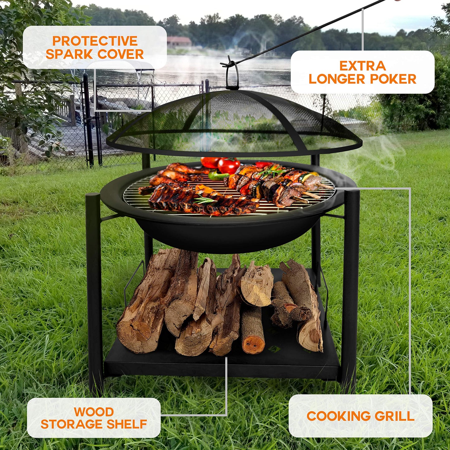 SereneLife Portable Outdoor 2-in-1 Steel BBQ Grill 26" Wood Burning Fire Pit Bowl w/ Mesh Spark Screen, Cover Log Grate, Fire Poker for Camping, Picnic, Bonfire SLCARFP54.5