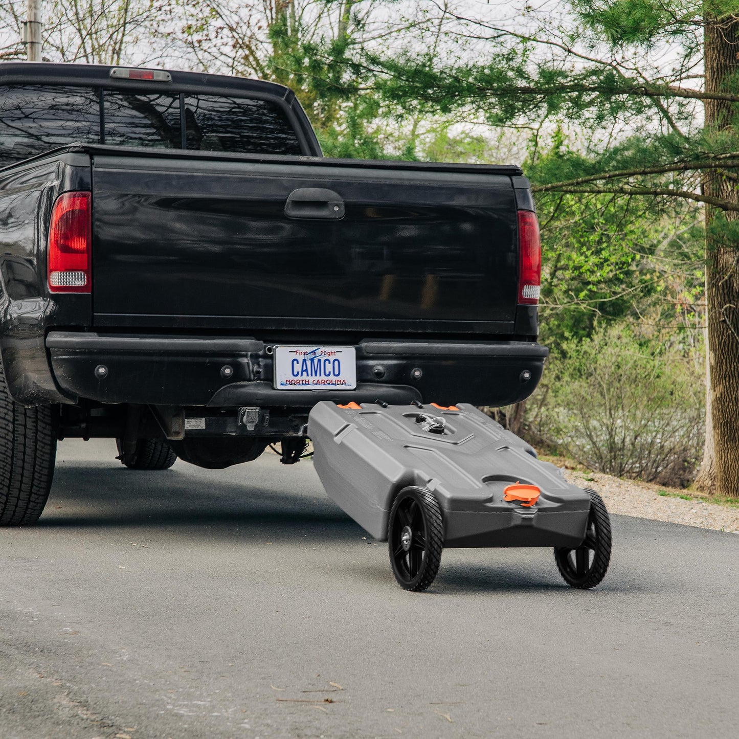 Camco Rhino 15-Gallon Portable RV Tote Tank - Features Large Heavy-Duty No-Flat Wheels & Low Drain Hole - Includes Removable Steel Tow Adapter, 3’ Sewer Hose & More RV Accessories (39000)
