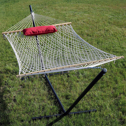 Sunnydaze Rope Hammock with Stand for Outside - Heavy Duty Freestanding Portable Outdoor Hammock Set with Quilted Pad, Pillow, and 12-Foot Steel Frame - 275 lb Capacity - Modern Lines