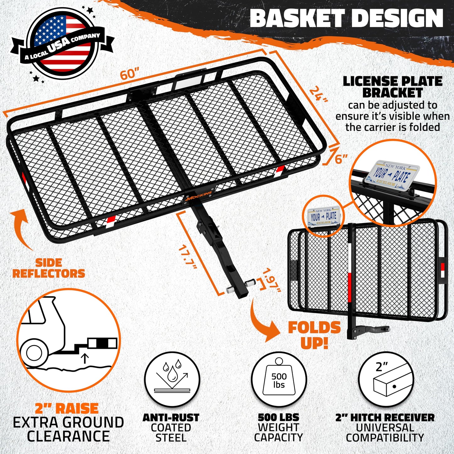 Mockins 60"x24"x6" XL Heavy Duty Trailer Hitch Cargo Carrier | 500 Lbs Cap Folding Luggage Rack for SUV Car & Truck | All-Weather Steel Hitch Rack Cargo Carrier w/License Plate Bracket & Accessories