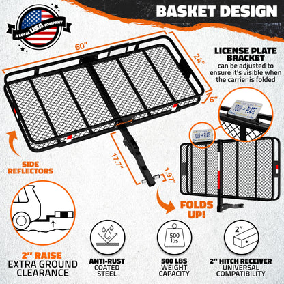 Mockins 60"x24"x6" XL Heavy Duty Trailer Hitch Cargo Carrier | 500 Lbs Cap Folding Luggage Rack for SUV Car & Truck | All-Weather Steel Hitch Rack Cargo Carrier w/License Plate Bracket & Accessories