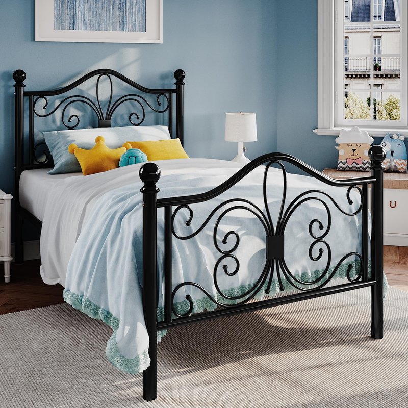 SHA CERLIN Twin Size Bed Frame for Kids,Metal Bed Frame with Butterfly Pattern Design Headboard and Footboard,No Box Spring Needed,Easy Assembly,Black