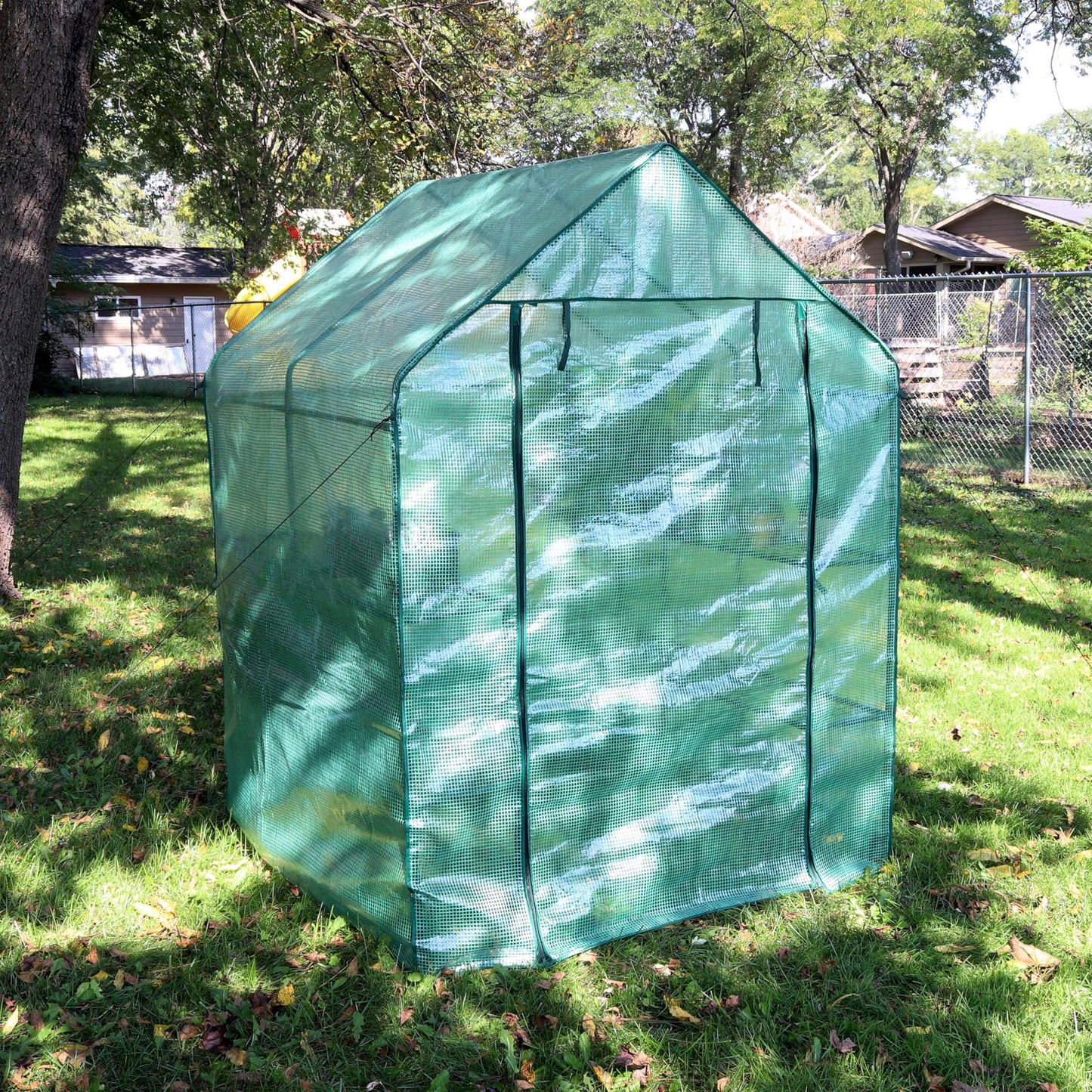 Sunnydaze Portable Outdoor Grandeur Walk-in Greenhouse with 4 Steel Wire Shelves and Roll-Up Door - Green