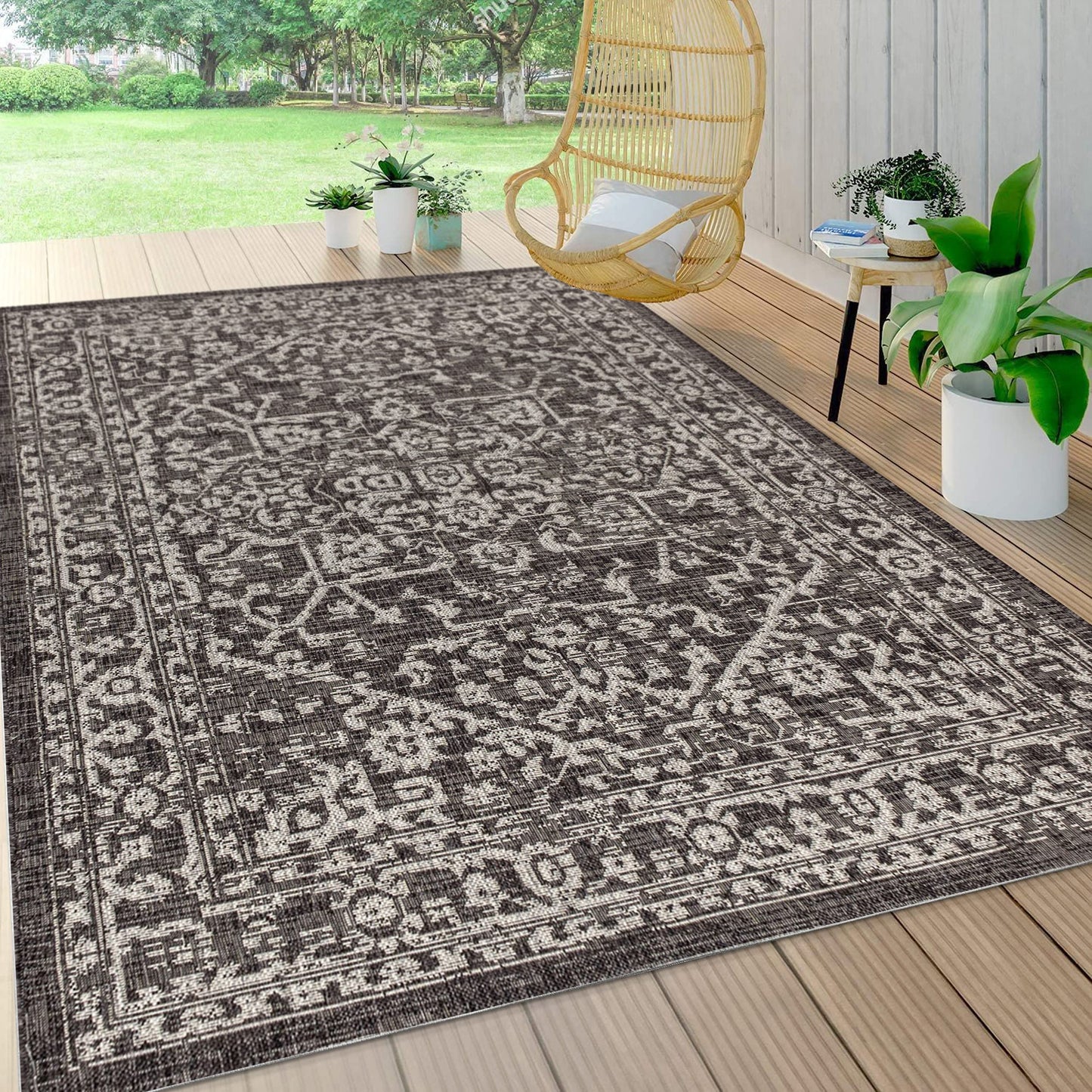 JONATHAN Y Boho Medallion Indoor Outdoor Area Rug 8X10 Black/Gray, Malta Textured Weave for Backyard, Patio, Porch, Easy-Cleaning, High Traffic, Pet-Friendly, Non-Shedding (SMB104C-8)