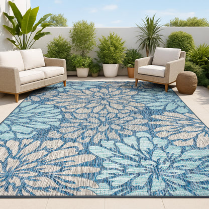 JONATHAN Y Floral Textured Weave Indoor Outdoor Area Rug 8X10 Navy/Aqua, Zinnia Modern for Backyard, Patio, Porch, Easy-Cleaning, High Traffic, Pet-Friendly, Non-Shedding (SMB110C-8)