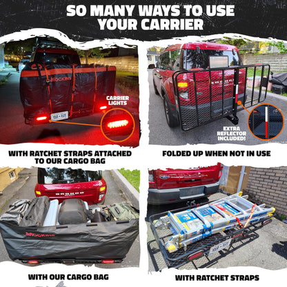 Mockins 70"x30"x6" XXL Folding Trailer Hitch Cargo Carrier w/Rear Lights, Plate Bracket & 40 CuFt Waterproof Cargo Bag for Hitch Carrier | 500 Lbs Cap Luggage Rack for SUV Car & Truck w/Accessories
