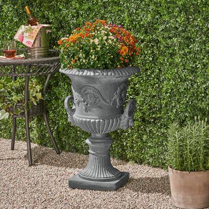 PETALORE Antique Gray Large Urn Planter Outdoor, Tall Pedestal Planters for Outdoor Plants, Classic Roman Garden Urn Flower Pot with Square Base, Magnesium Oxide Faux Stone Planter for Patio or Porch