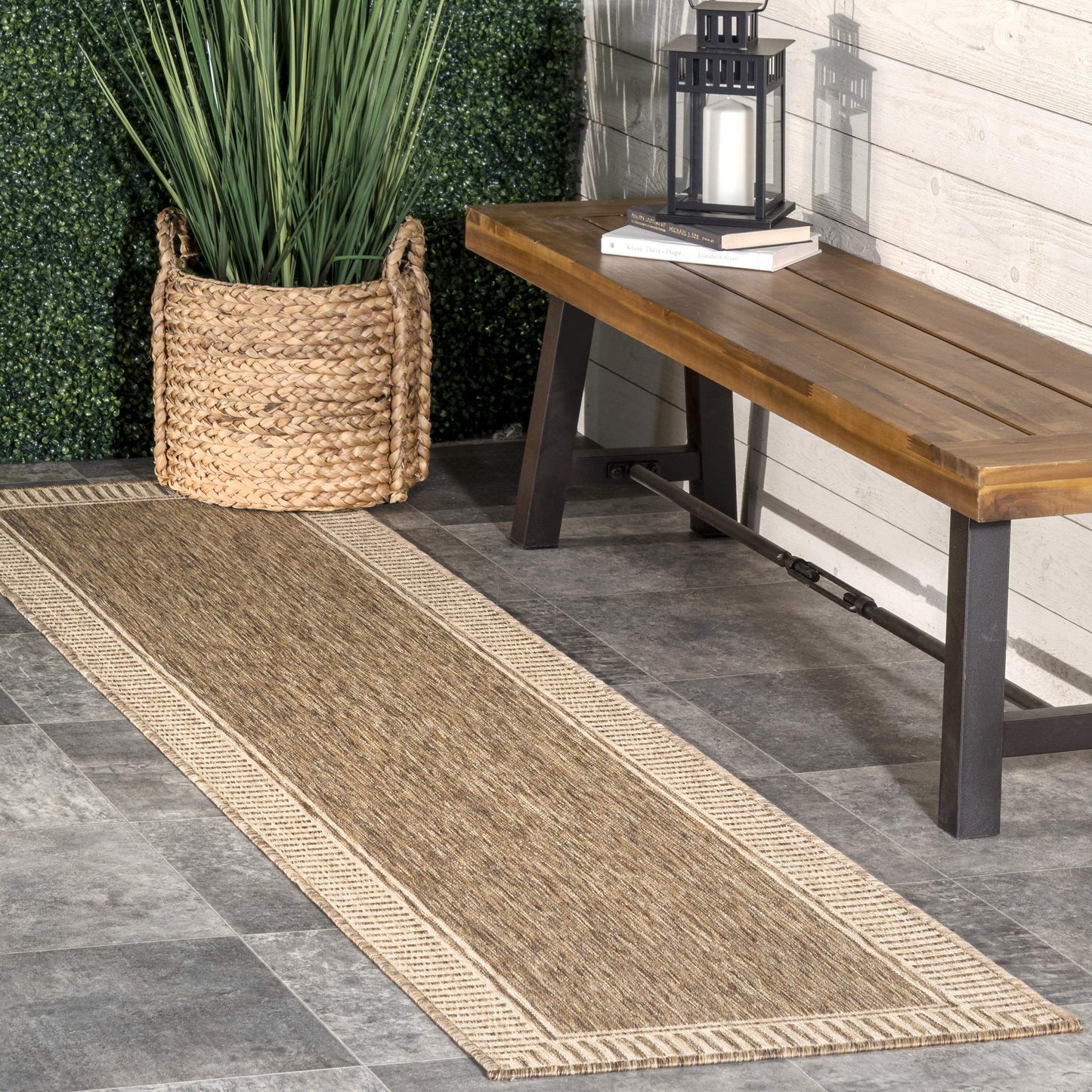 Nuloom Asha Light Brown/Ivory, 6'7" x 9', Casual, Striped Border, Soft and Cozy, High Traffic, Easy Clean, Durable Area Rug for Indoor/Outdoor Patio, Deck, Porch, Garden, Courtyard