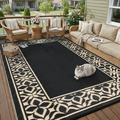 PureCozy Outdoor Plastic Straw Rug Black Beige Large Outside Waterproof Outdoor Patio 10x14 Carpet Geometric Reversible Mat Modern for Camping RV Porch Deck Balcony Beach