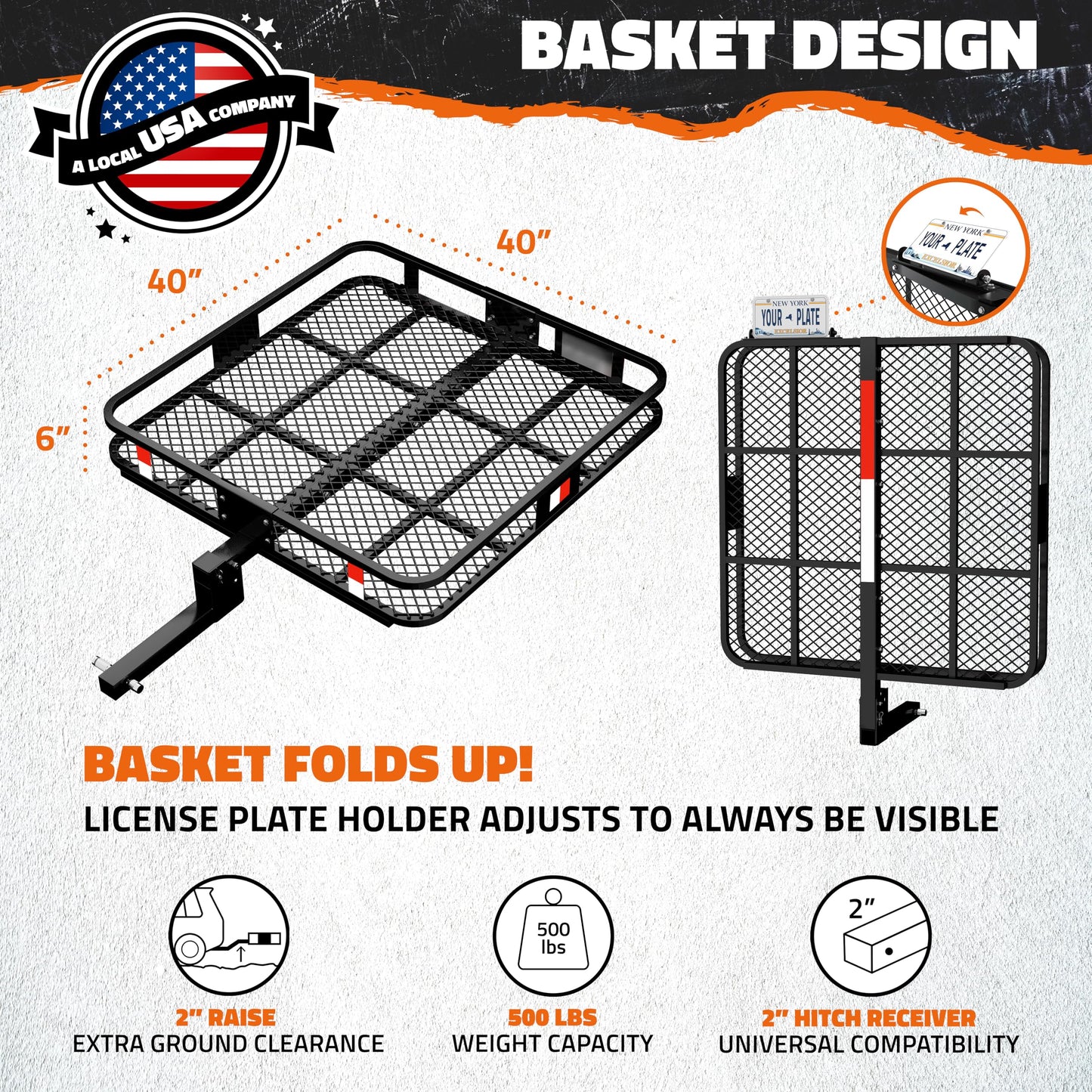Mockins 40"x40"x6" Extra Deep Square Trailer Hitch Cargo Carrier w/Plate Bracket | 500 Lbs Cap Heavy-Duty Cargo Hitch Carrier for Generators, Appliances, Coolers | Luggage Rack for SUV, Car & Truck