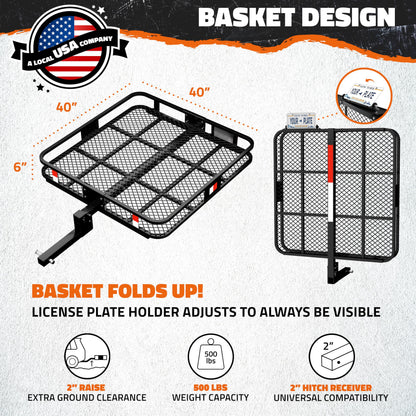 Mockins 40"x40"x6" Extra Deep Square Trailer Hitch Cargo Carrier w/Plate Bracket | 500 Lbs Cap Heavy-Duty Cargo Hitch Carrier for Generators, Appliances, Coolers | Luggage Rack for SUV, Car & Truck