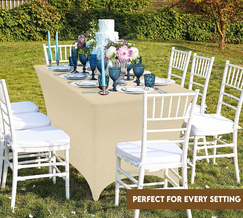 Utopia Kitchen Spandex Tablecloth 10 Pack [8FT, Champagne] Tight, Fitted, Washable and Wrinkle Resistant Stretch Table Cloth Rectangle Cover for Trade Show, Weddings & Parties [96Lx30Wx30H Inch]
