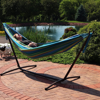 Sunnydaze Double Brazilian Hammock with Stand and Carrying Case - 400-Pound Capacity - Black Stand - Sea Grass