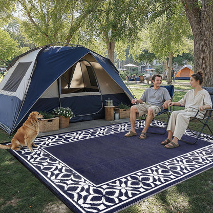 PureCozy Outdoor Plastic Straw Rug Navy Blue Large Outside Waterproof Outdoor Patio 10x14 Carpet Geometric Reversible Mat Modern for Camping RV Porch Deck Balcony Beach
