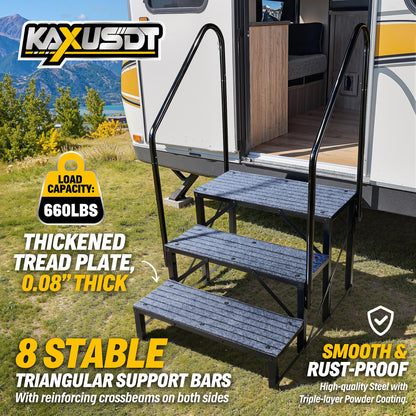 3 Steps Hot Tub RV Steps with Dual Handrail, 𝟐𝟎𝟐𝟔 𝐔𝐩𝐠𝐫𝐚𝐝𝐞𝐝 Portable Mobile Home Stairs Steps with Reinforced Crossbeams on Both Sides, 660lbs, Outdoor RV Camper Entry Steps w/Non-Slip Mats